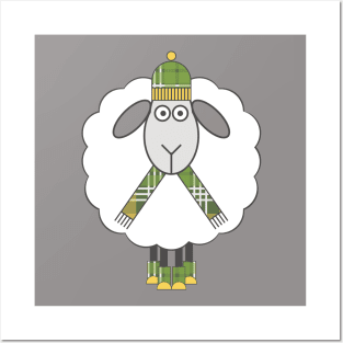 Cosy Winter Sheep With Green and Yellow Tartan Hat, Scarf and Boots Posters and Art